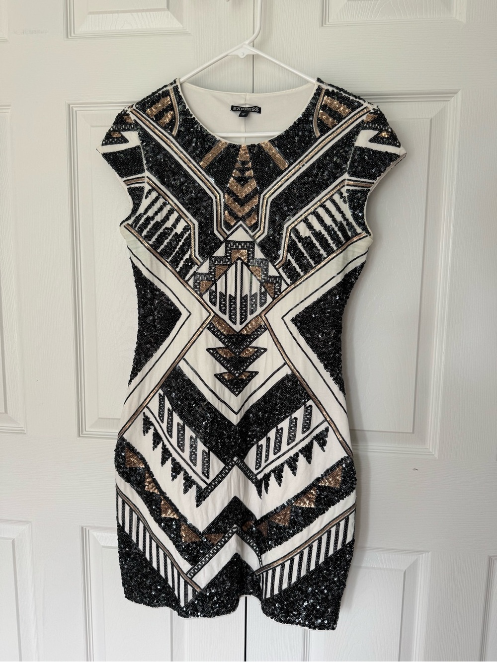 Express Black, White & Gold Geometric Sequin Mini Dress